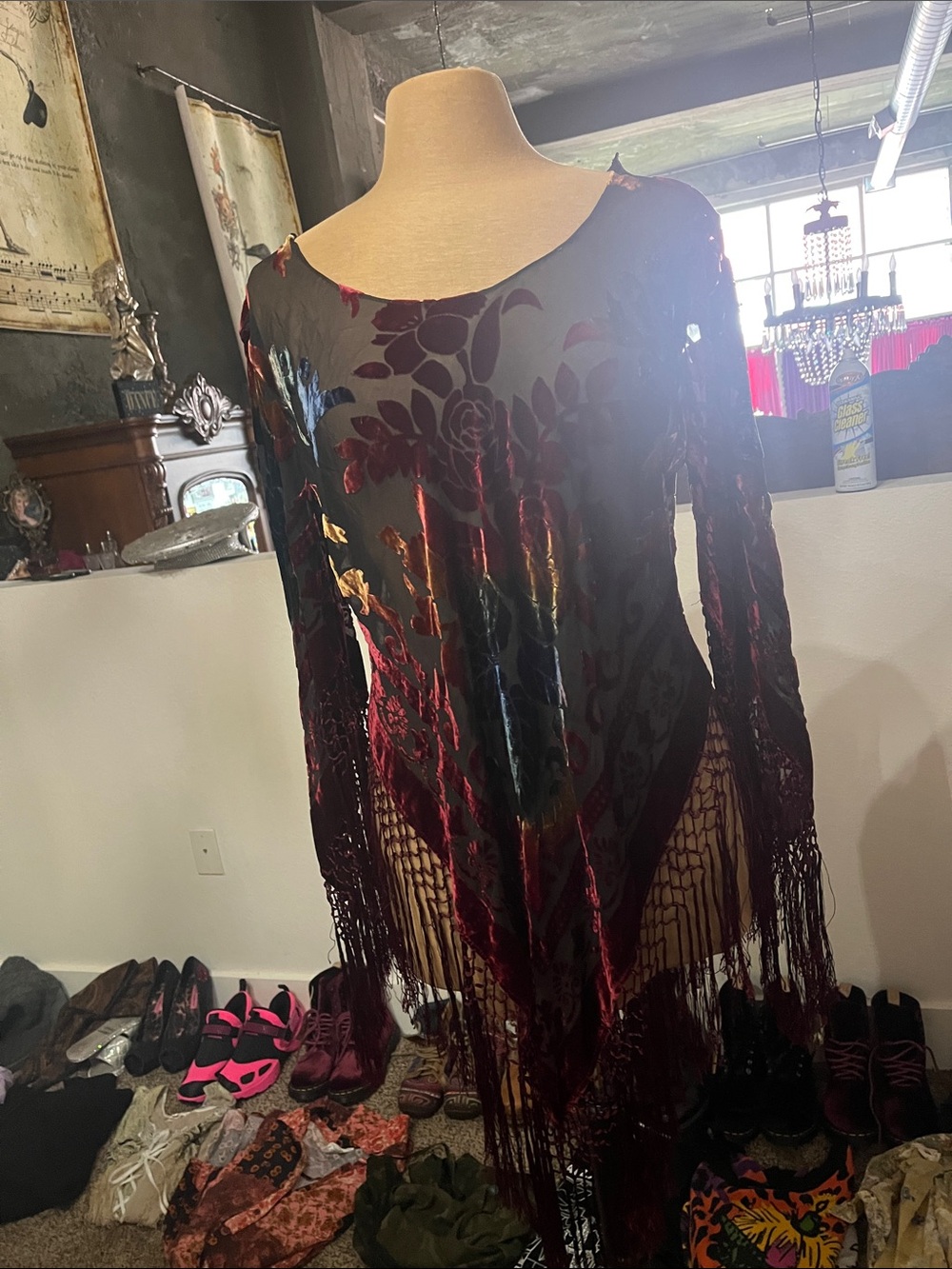 Velvet Floral Fringe Dress - Burgundy Burn(t) out beautiful velvet